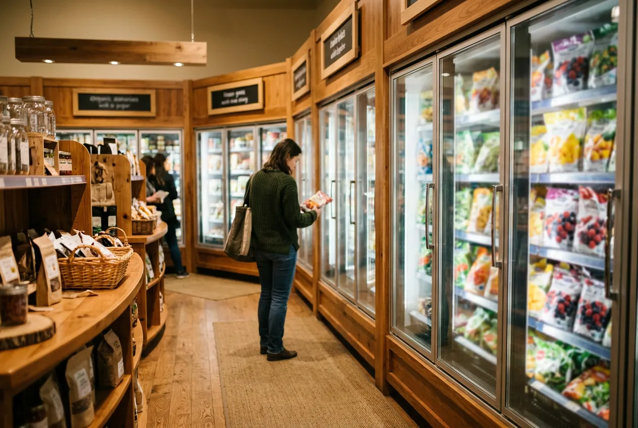 Rayon des surgelés dans une épicerie naturelle canadienne
